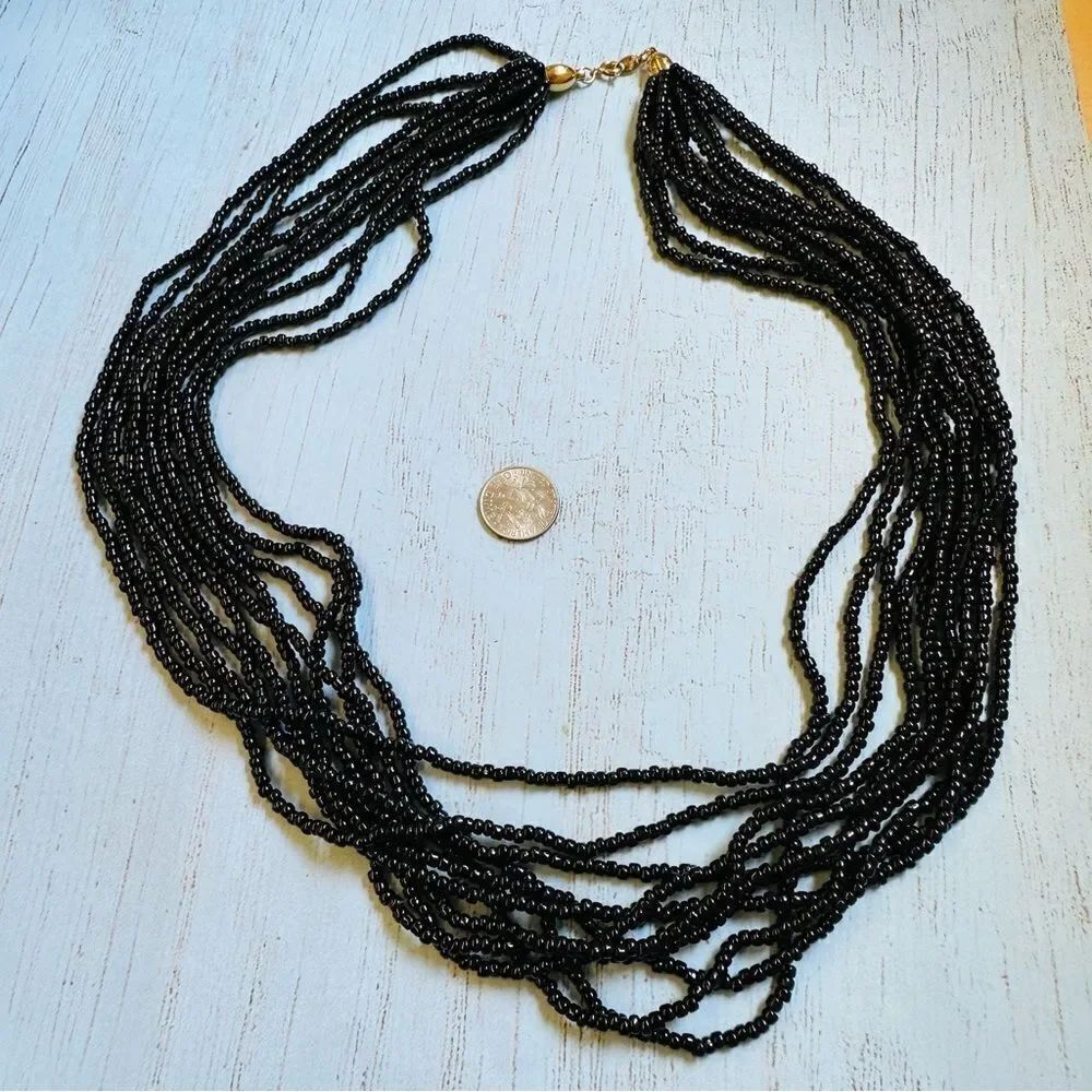 VTG Trifari 10‎ Strand Black Beaded Necklace